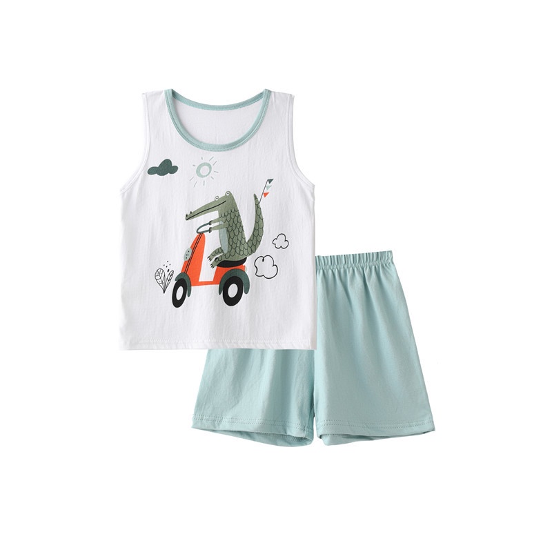 Bộ Áo Tank Top In Hình Khủng Long + Quần Short Vải Cotton Mềm Thoáng Khí Thời Trang Mùa Hè Cho Bé Trai
