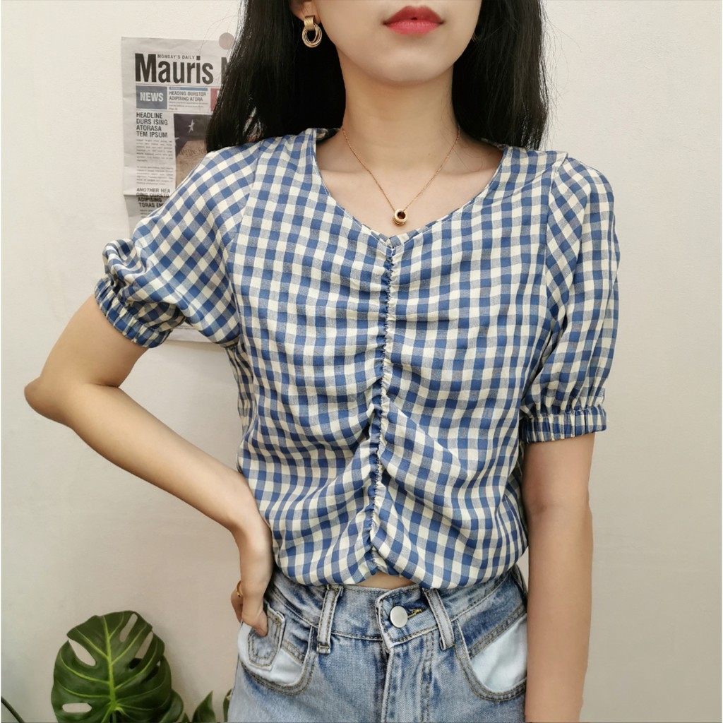 Women's French Retro V-neck Short Sleeve Plaid Shirts Loose Fashion Summer Crop Tops | BigBuy360 - bigbuy360.vn