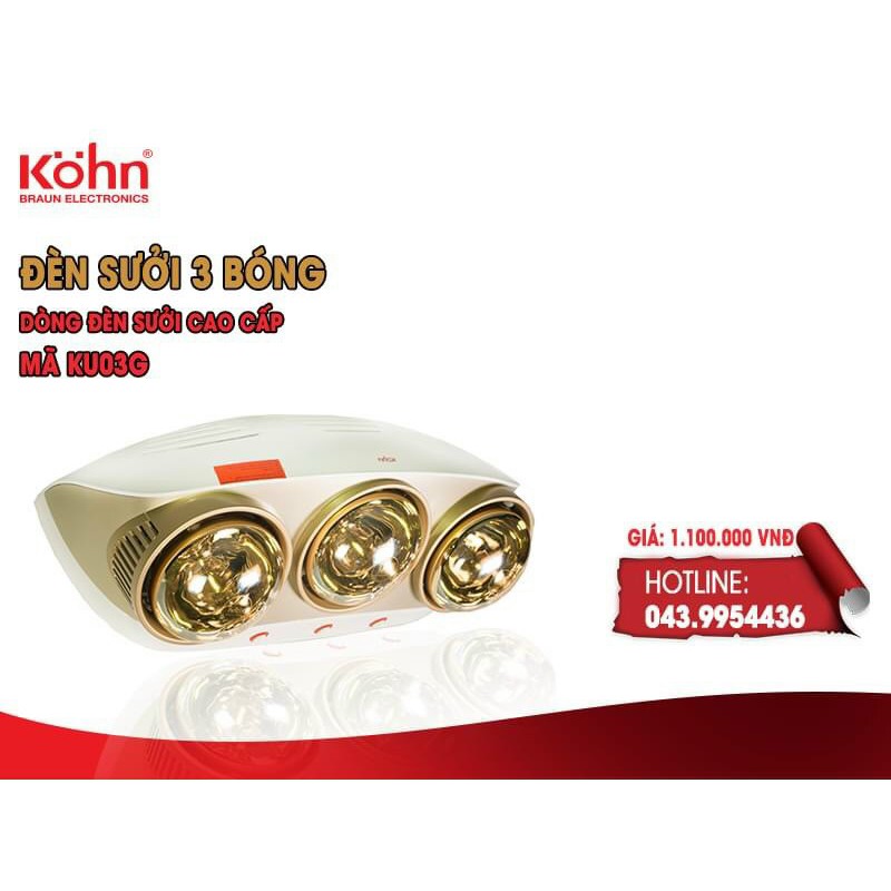 Đèn Sưởi Nhà Tắm 3 bóng KOHN LUXURY KU03G ❤️Hàng chính hãng BH 5 năm❤️