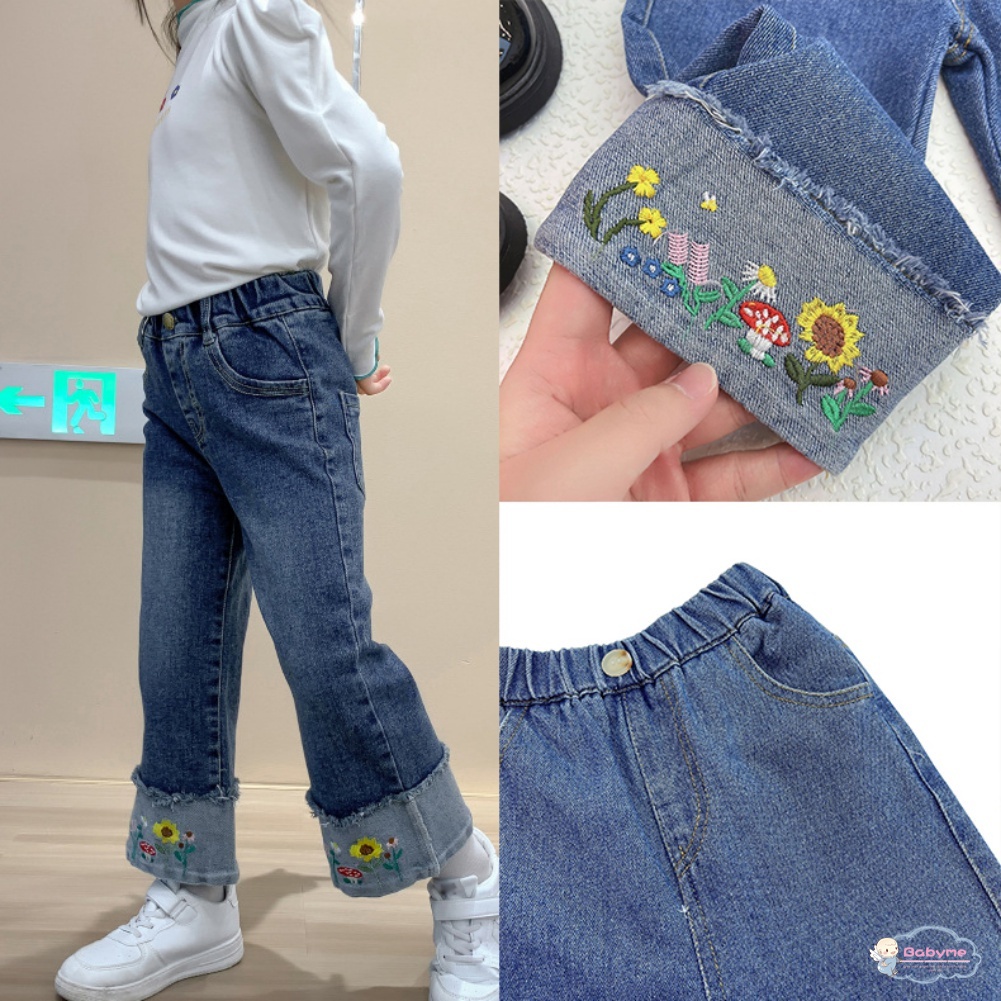 Quần Jean Dài Thêu Họa Tiết Kiểu Hàn Quốc Thiết Kế Thoải Mái Cho Bé Gái