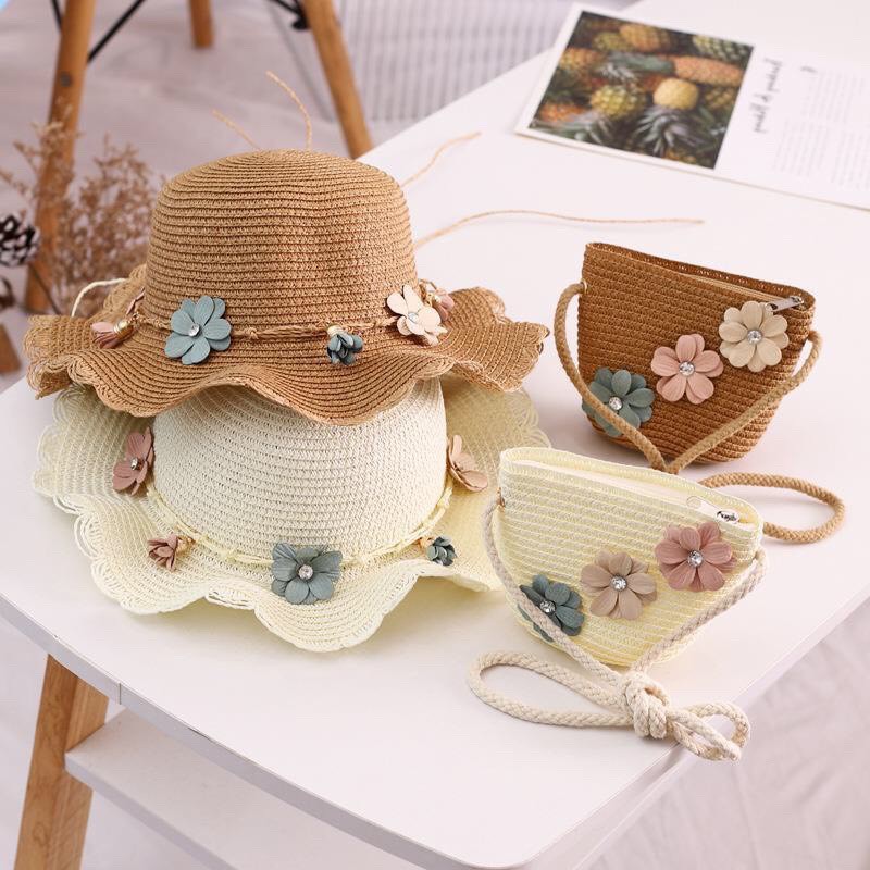 Set mũ cói rộng vành và túi vòng hoa cho bé gái 3-6 tuổi