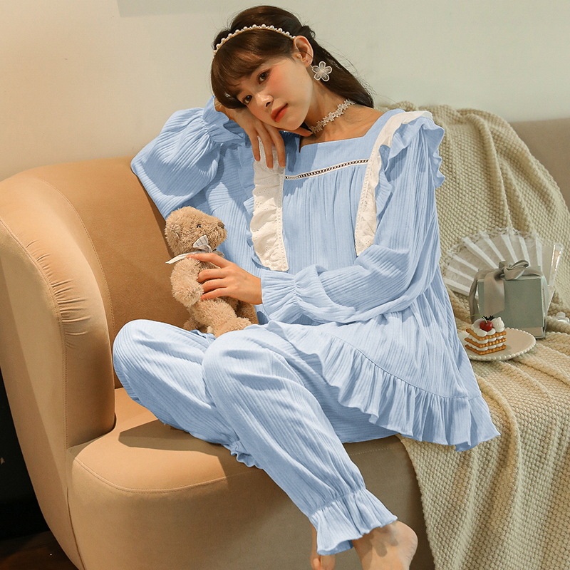 HÀNG SẴN_Bộ Ngủ Cotton Nữ Tính Dài Tay Thu Đông 2021