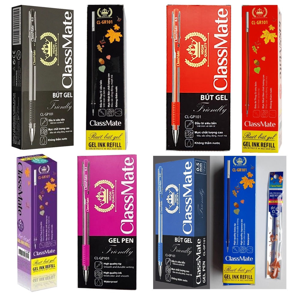 Combo 2 Hộp 12 Bút Bi Nước Class Mate CLGP101 Và 20 Pcs Ruột Bút Gel Ngòi 0.5 Hải Hà GR101 Đầu Bi Thụy Sĩ Mực Nhật Bản