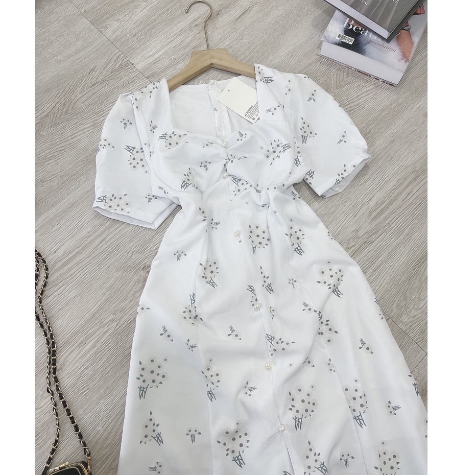 Váy hoa nhí nhúm ngực tay bồng dáng dài dễ thương thiết kế xẻ tà tiểu thư sang chảnh mã V02 | BigBuy360 - bigbuy360.vn