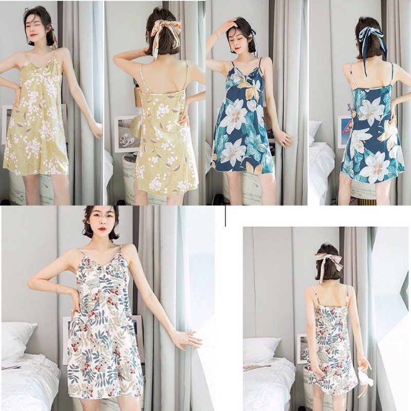 Váy lanh, váy ngủ Cotton lụa - lanh 2 dây siêu mát hoạ tiết trẻ trung, thời trang