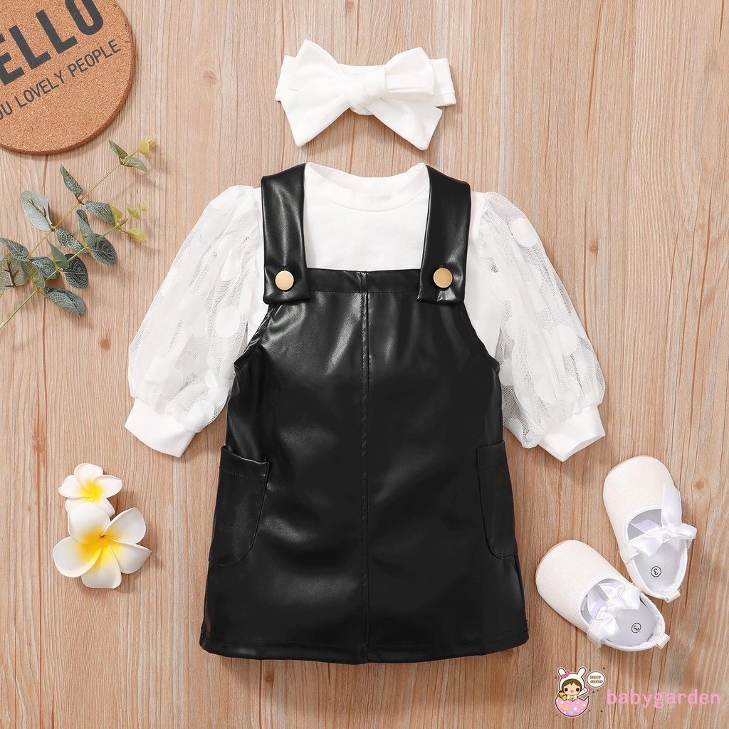 Bộ Áo Tay Phồng Cổ Tròn + Chân Váy Da Có Túi Bên Hông Dành Cho Bé Gái