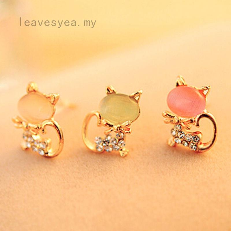 Bông tai hình mèo đính đá opal pha lê lấp lánh dễ thương