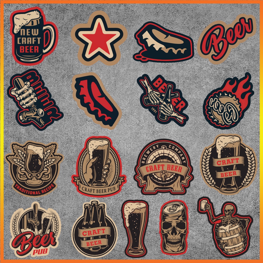 Set 50 cái Sticker Retro Beer chống nước, Decal Beer Vintage dán vali, điện thoại, mũ bảo hiểm