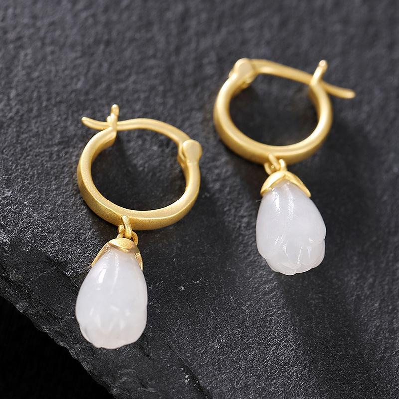 Bông Tai Bạc 925 Chính Hãng Mặt Hình Hoa Mộc Lan Đá Ngọc Bích Phong Cách Retro Mới Cho Nữ