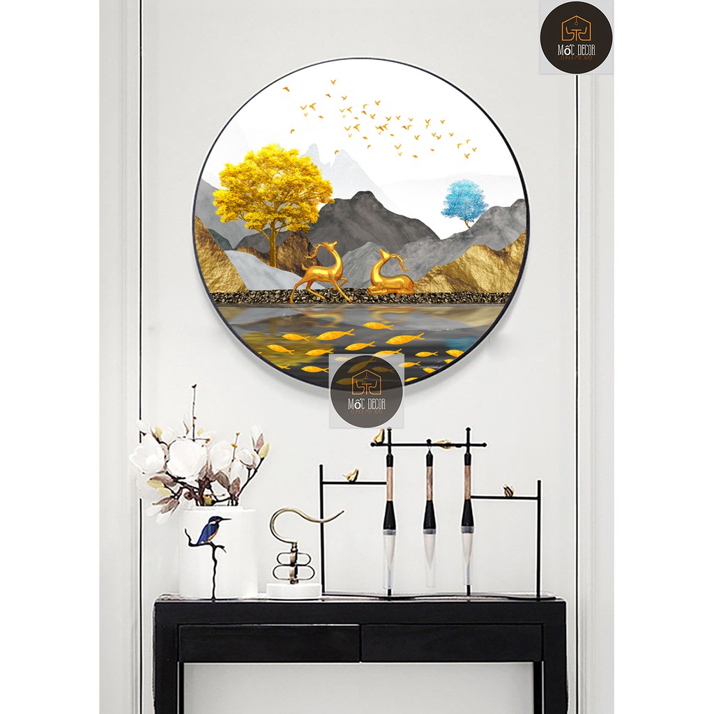Tranh tráng gương tròn decor có khung tặng kèm đinh treo