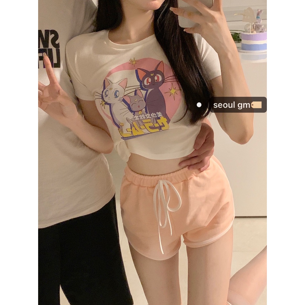 Bộ Quần Áo In Họa Tiết Hoạt Hình Phong Cách Hàn Quốc Dễ Phối Đồ Thời Trang Cho Nữ 18 Tuổi