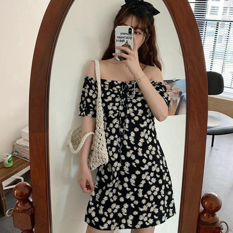 Đầm midi trễ vai họa tiết hoa cúc thời trang Hàn Quốc mùa hè