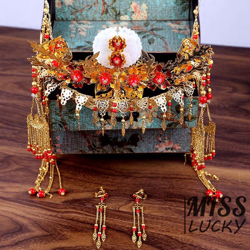 New Bride's Headwear Golden Costume Headdress Chinese Phoenix Coronet Hair Ornament Cheongsam Dress Tiara