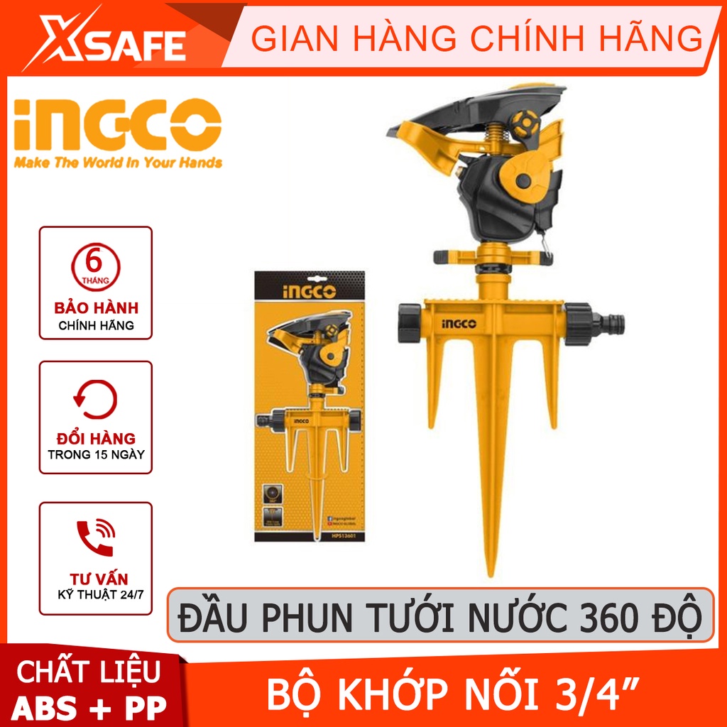 Đầu phun tưới nước 360 độ INGCO HPS13601 Bộ đầu phun nước tưới cây, bộ khớp nối 3/4&quot;, 3 ty gài nhựa có thể xoay 360 độ