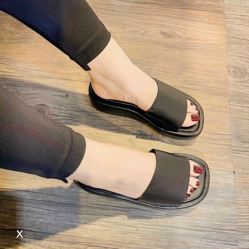Dép bánh mì quai ngang bản da lì đế dày 2cm