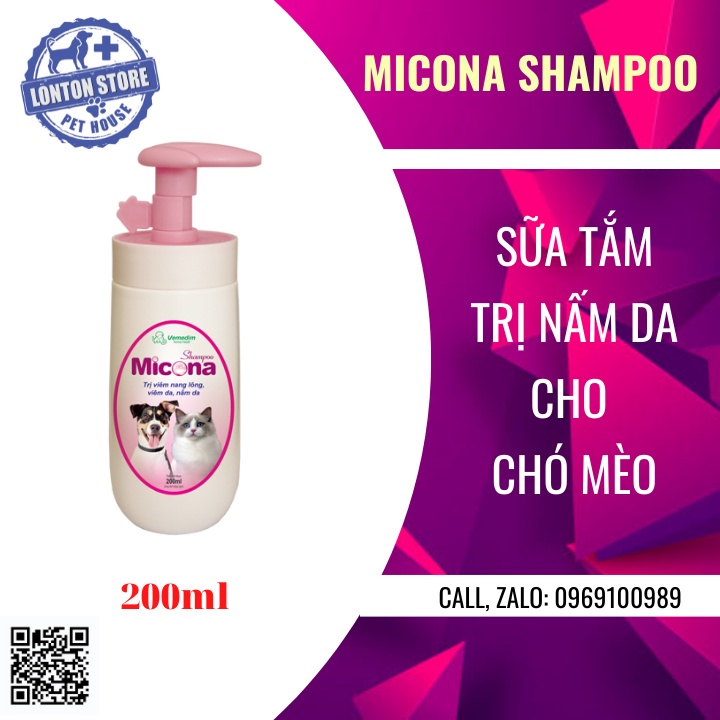 VEMEDIM Micona Shampo - Sữa Tắm Mèo Phòng Nấm Da, Viêm Nang Lông, 200ml - Lonton Store