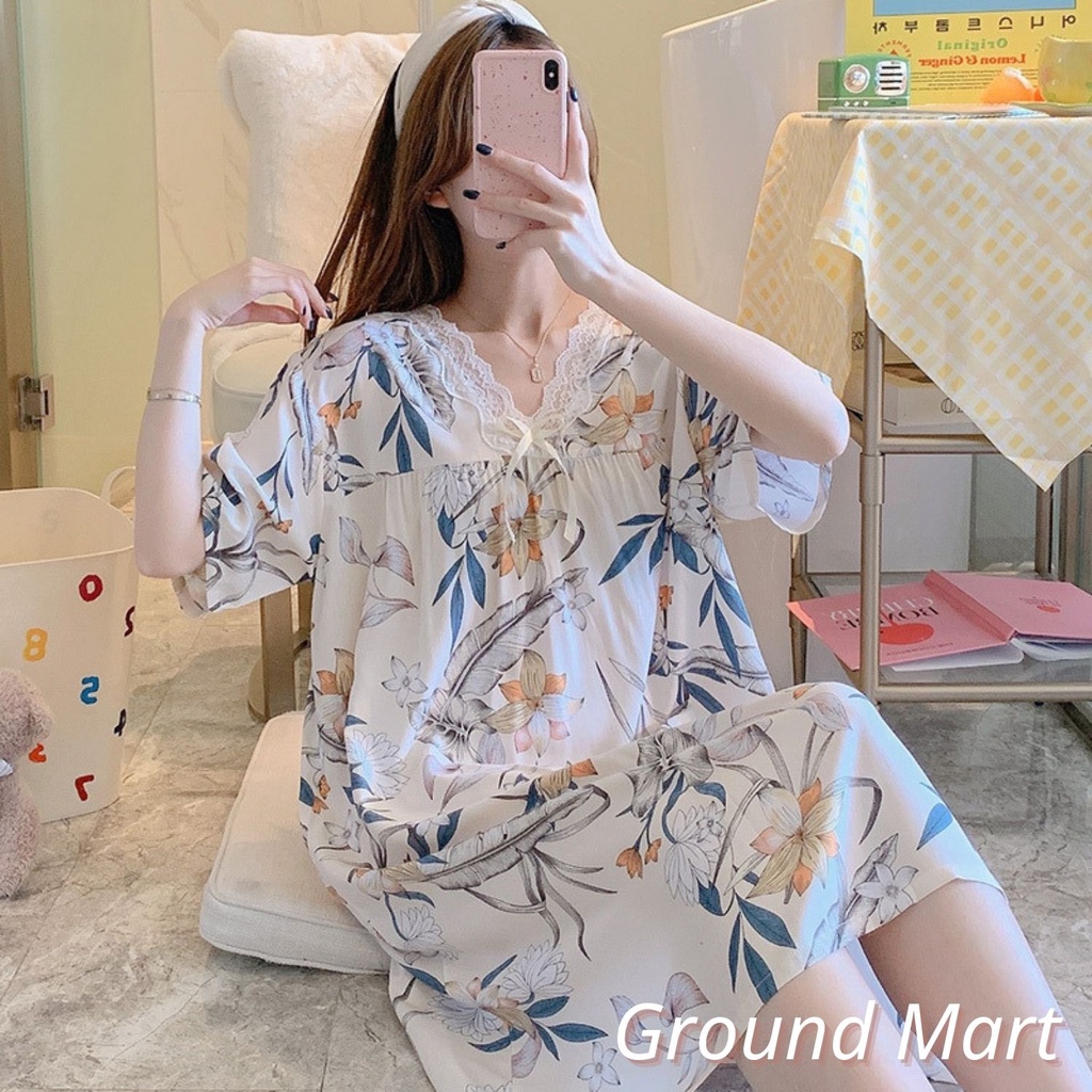 Váy lanh nữ cộc tay cổ ren, dáng suông dài mềm mát, nhiều họa tiết, freesize 45 - 70 kg