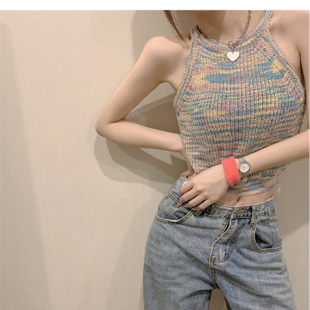 2186#Áo Dệt Kim Sát Nách Cổ Tròn Hở Vai Màu Sắc Thời Trang Mùa Hè 2022 Dành Cho Nữ