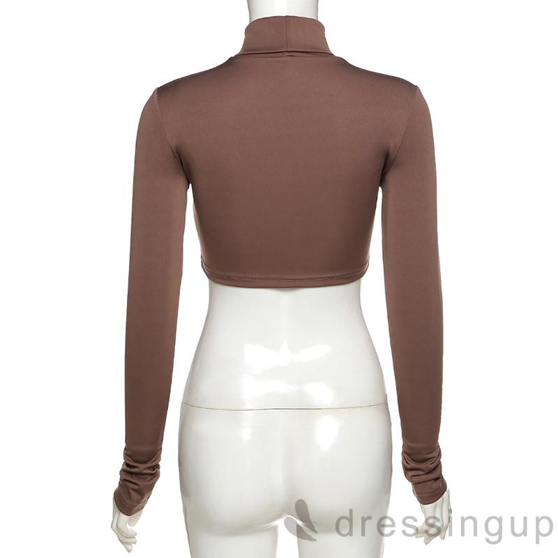 Áo Tay Dài Cổ Cao Màu Trơn Cá Tính Cho Nữ