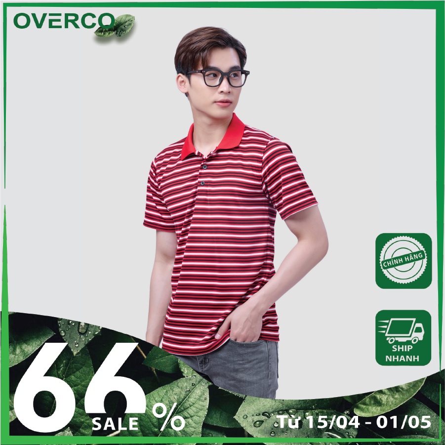 Áo Thun Nam OVERCO Cổ Trụ Phối Sọc Ngang Sọc Đỏ Thiết Kế Nam Tính, Sang Trọng