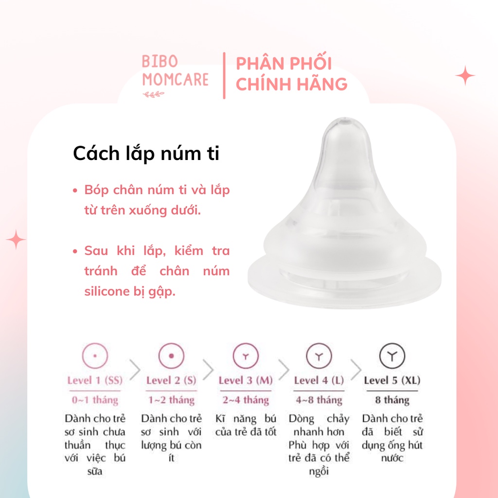 Núm Ti Silicone Ngăn Nuốt Khí Chống Sặc Mother-K Hàn Quốc đủ kích cỡ (SS/S/M/L/XL) -  Thay được nhiều bình sữa