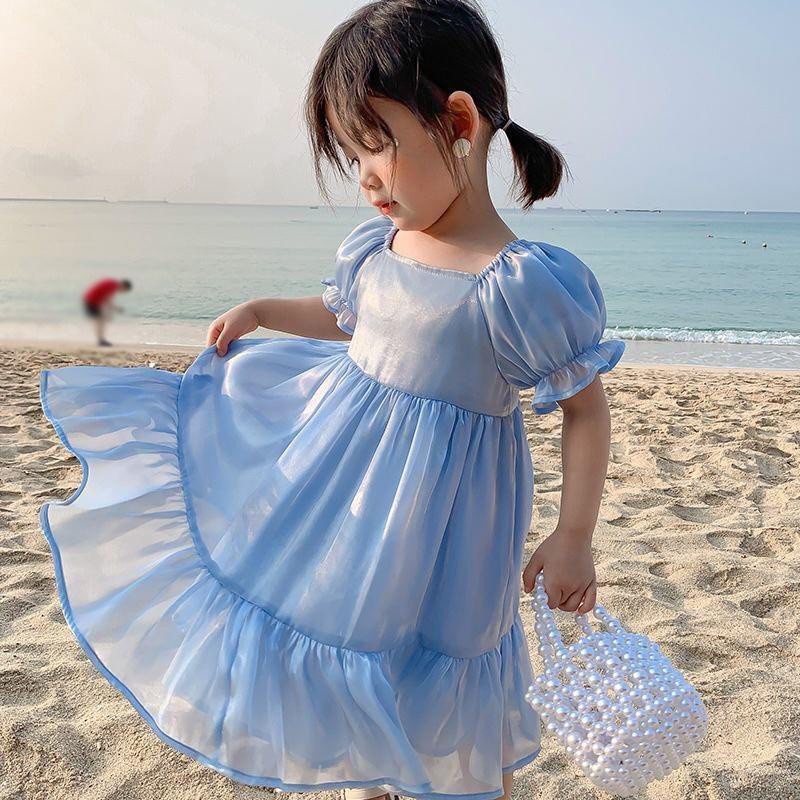 Đầm Công Chúa Tay Phồng Cổ Vuông Màu Xanh Dương Ngọt Ngào Phong Cách Hàn Quốc Cho Bé Gái