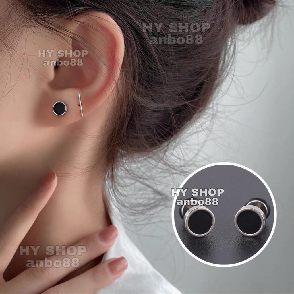 khuyên tai titan dáng tròn khảm đá đen (nút vặn) không dị ứng