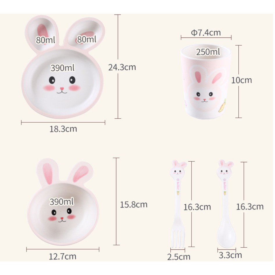 Set 5 món Khay, Bát, Cốc, Thìa, Dĩa ăn dặm hình thỏ hồng hữu cơ tự nhiên SHALL