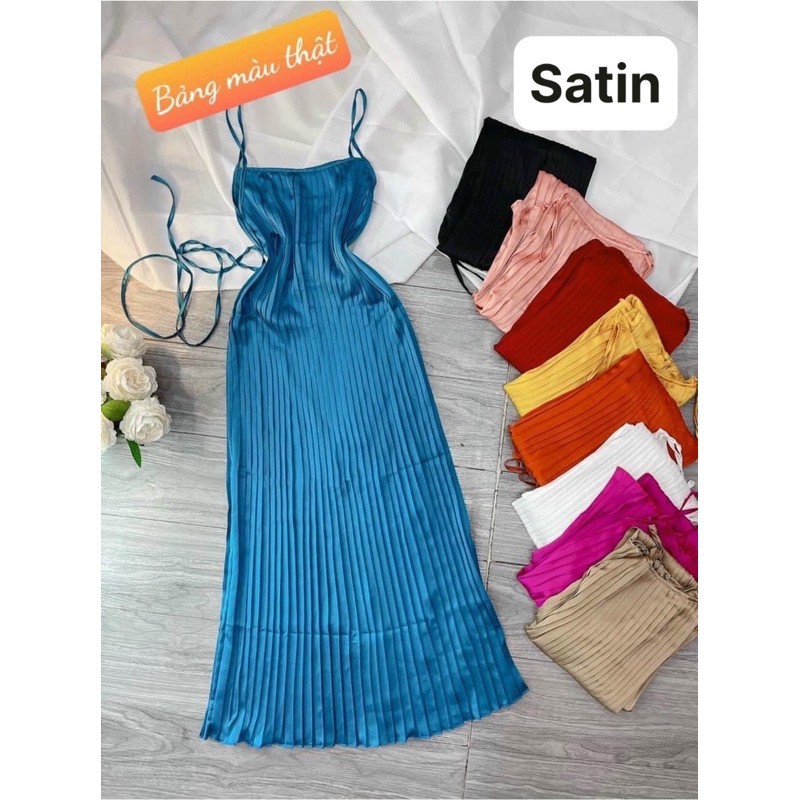 Đầm maxi suông dài dập ly lụa satin siêu đẹpo | BigBuy360 - bigbuy360.vn