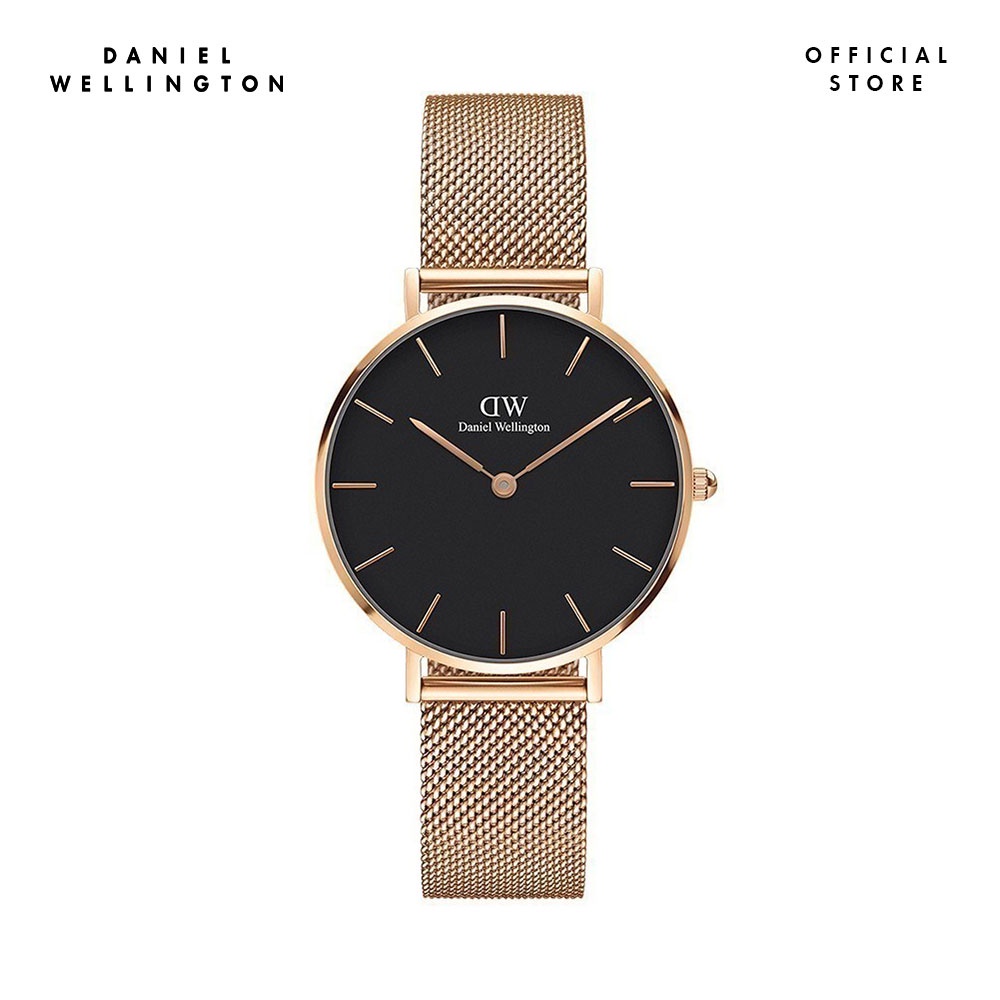 Đồng hồ Nữ Daniel Wellington dây lưới - Petite Melrose mặt đen - vỏ vàng hồng