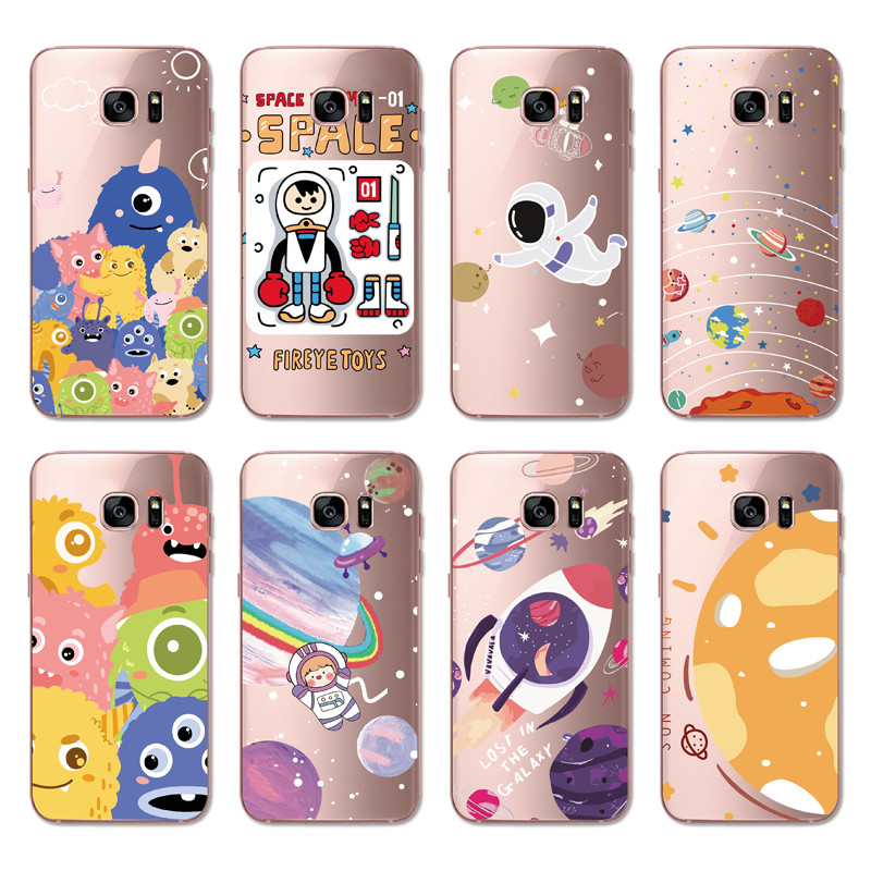 Samsung Galaxy S5 S7 S6 Edge Plus INS Cute Cartoon Big eyes furry Monster Clear Soft Silicone TPU Phone Casing Lovely Space Astronaut Spaceship Case Back Cover Couple