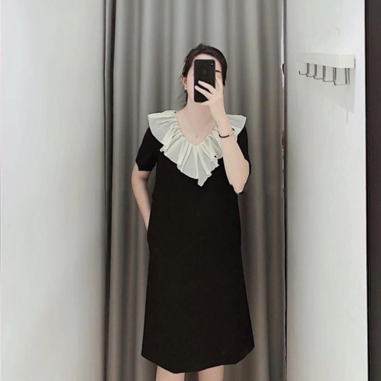 Váy đũi cổ voan xếp ly chất đũi xước hàng đổ shop