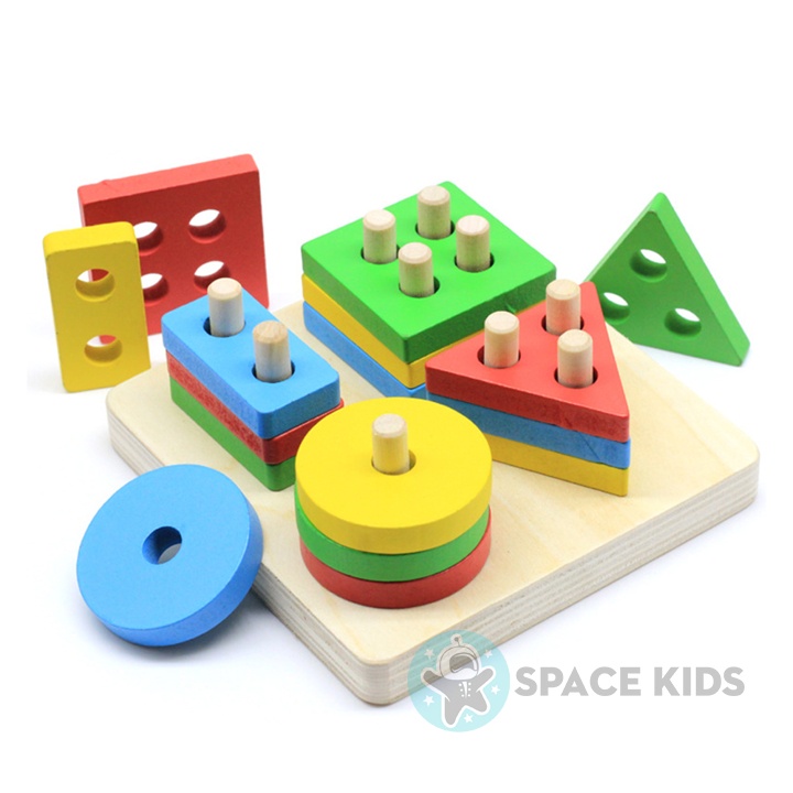 Đồ chơi giáo dục montessori Tháp thả hinh khối gỗ cho bé tư duy phát triển trí tuệ Space Kids