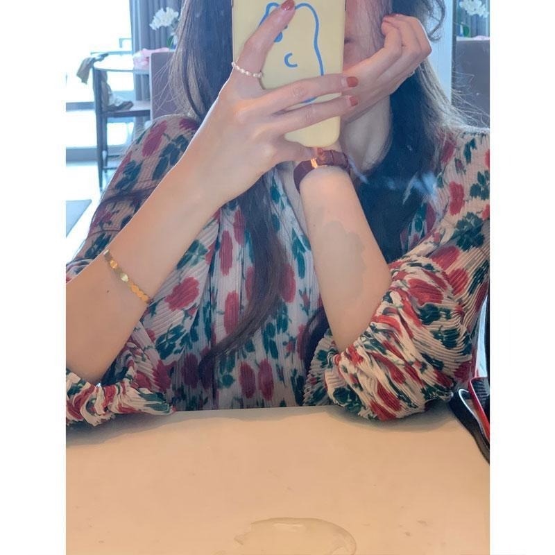 Áo Sơ Mi Hoa Tay Dài Phồng Xếp Ly Phong Cách Pháp Dành Cho Nữ