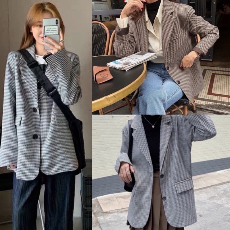 Áo Blazer Dài Tay Nữ Hoạ Tiết Kẻ Ziczac Phong Cách Hàn Quốc, Áo Vest Dài Tay