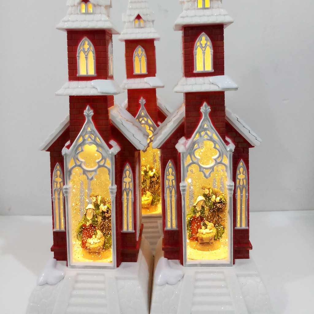 Đèn trang trí nhà thờ đỏ, trang trí hang đá giáng sinh, quà tặng noel, tượng gia đình thánh gia - có nhạc