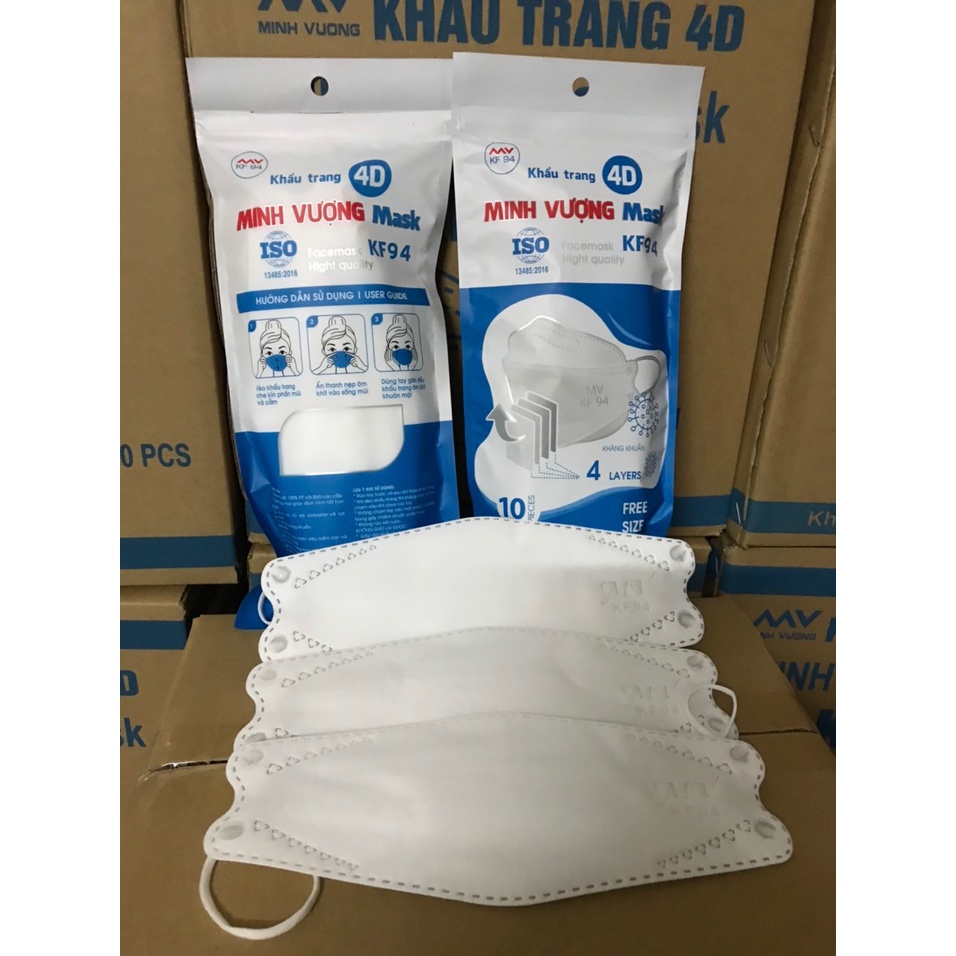 Khẩu trang 4D KF94 Minh Vượng Mask hoặc VN Number One - Gói 10 cái màu full trắng siêu đẹp