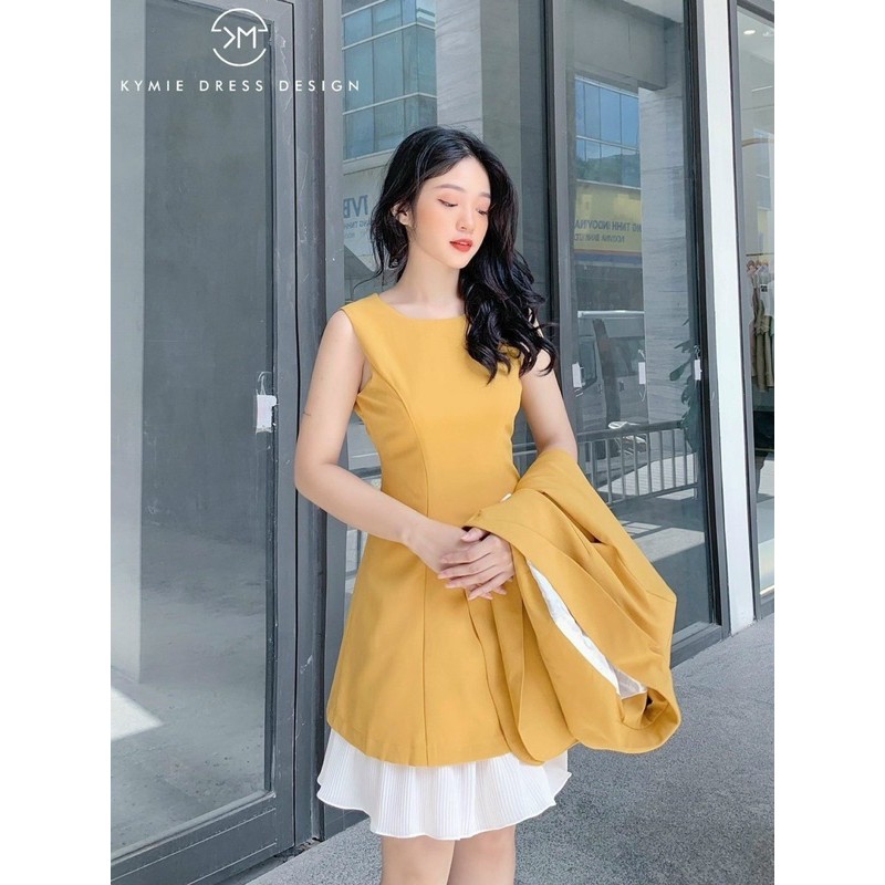 Set áo khoác vest phối đầm xoè dập ly, Combo đầm bèo + áo khoác vest tay dài