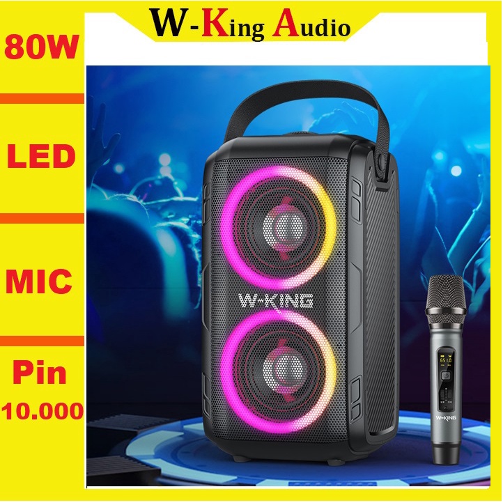 Loa Bluetooth Karaoke Mini công suất lớn W-King T9 2 Mic, Loa Karaoke gia đình di động có đèn LED âm thanh cực hay