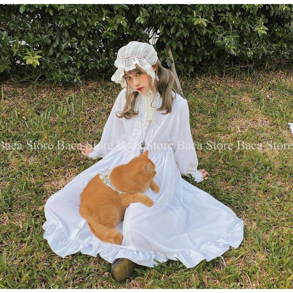 Váy babydoll trắng dáng dài, tay dài công chúa bánh bèo | BigBuy360 - bigbuy360.vn