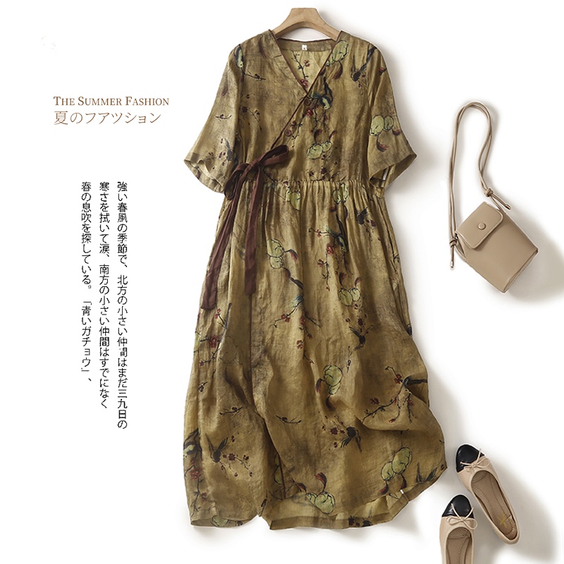 Ice Clearance Pick Up Đầm Cotton Lanh Tay Lửng Ôm Eo Vừa In Họa Tiết Cuộc Đuôi Thương Mại Ngoại Thương Cho Nữ