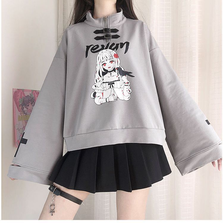 Áo Sweater Y2k Dáng Rộng Cổ Cao Có Khóa Kéo Phong Cách Nhật Bản Thời Trang Thu Đông
