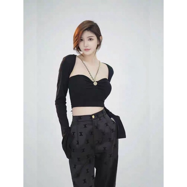 Set áo nơ ngực dây xích, áo croptop nơ ngực ôm body A1991