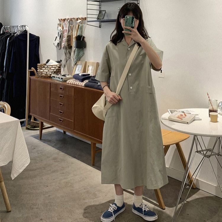 AMOI Đầm Midi Dáng Rộng Cổ Polo Phong Cách Hàn Quốc Thời Trang Cho Nữ