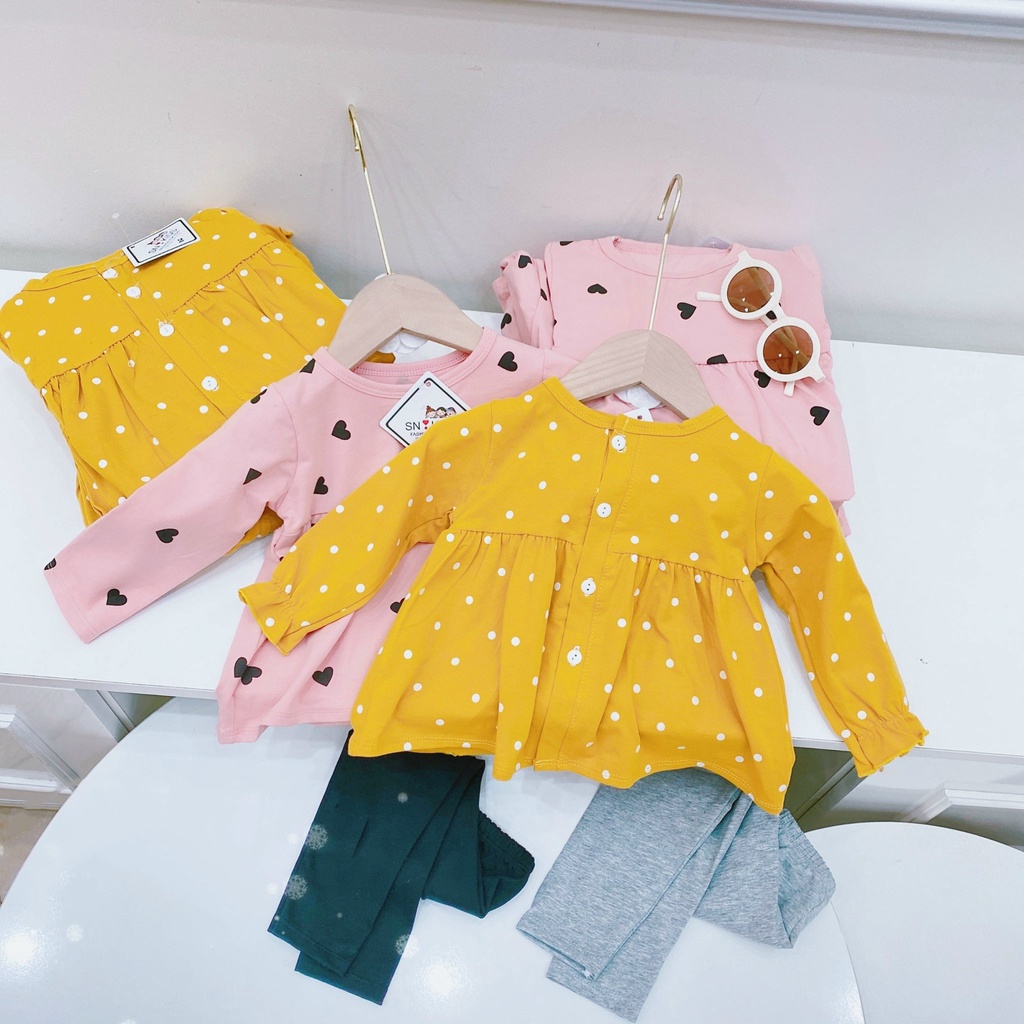 Bộ quần áo bé gái, set thu đông áo babydoll dài tay, cổ tròn họa tiết trái tim và quần dài legging cạp chun siêu xinh