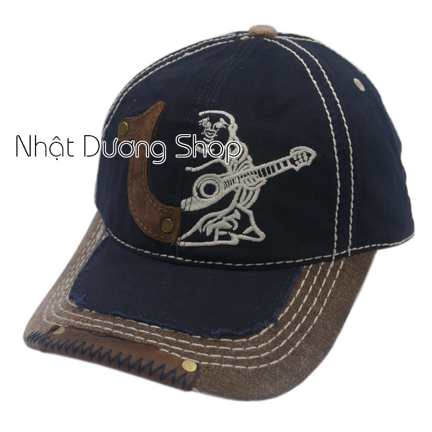 Nón lưới trai ông địa đàn kaki,Nón kết ông địa True Religion loại xịn thêu một nữa - Vải Kaki, vá da trước kết