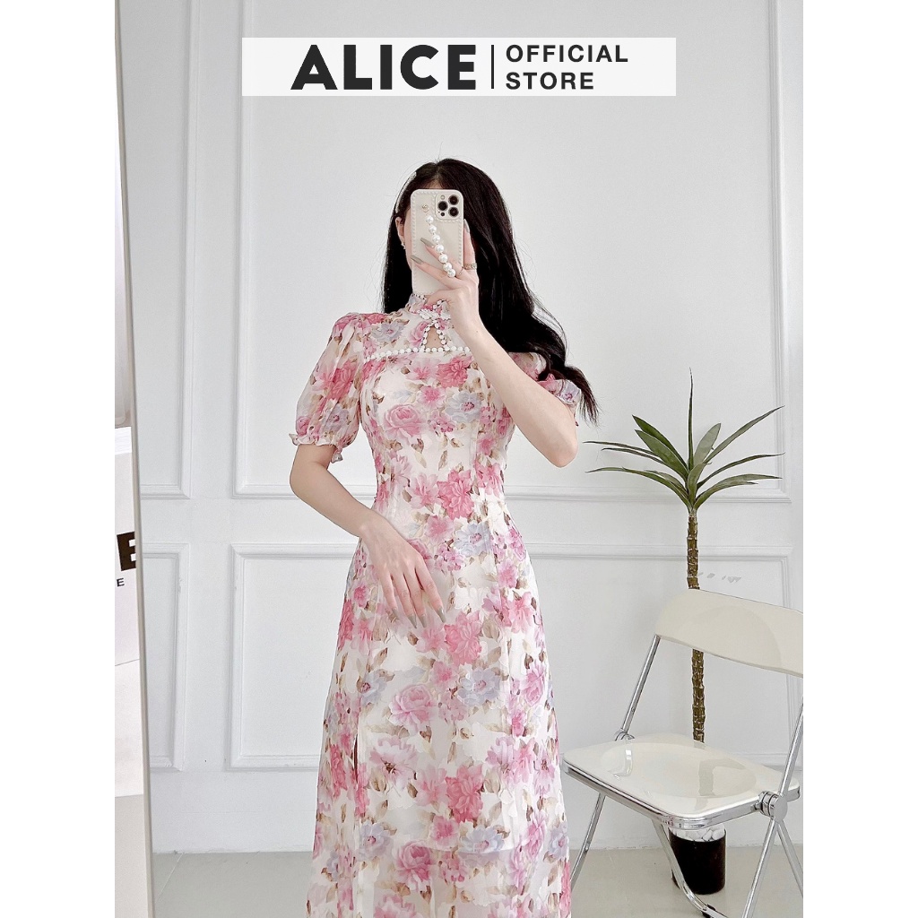 Sườn Xám Cách Tân Tay Ngắn ALICE Thiết Kế Tiểu Thư Chất Tơ Ép Họa Tiết Hoa Quyến Rũ Sang Chảnh V761 | BigBuy360 - bigbuy360.vn