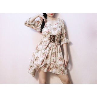 Đầm voan hoa hồng vintage dây thắt eo