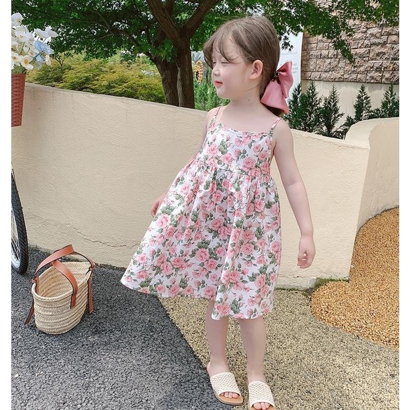 Đầm sát nách  in họa tiết hoa hồng dễ thương thiết kế hở lưng thời trang cho trẻ em 1-6 tuổi