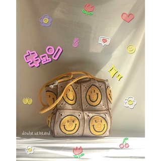 Túi tote ô vuông mặt cười smiley đan móc thủ công có lót